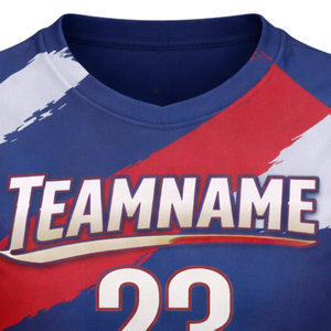 Maillot de football personnalisé pour femmes, bleu, rouge et blanc, design brossé, manches courtes, respirant, séchage rapide, uniforme d'équipe de football pour filles - Product Image 4