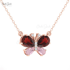 Natural 7x5mm Mozambique Garnet & Morganite Butterfly <b>Pendant</b> Necklace 14k <b>Solid</b> <b>Gold</b> Diamond 16" Inch Cable Chain Necklace - Product Image 2