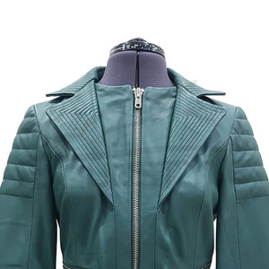 Veste moto élégante pour femme en toile et cuir d'agneau vert myrte, manches matelassées, fermeture éclair intégrale, imperméable, coupe-vent, automne-hiver - Product Image 4