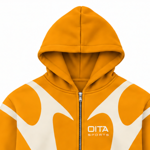 Golden Orange Contrast Panel <b>Zip</b> Up <b>Hoodie</b> Men Streetwear Full Zipper Long Sleeve Casual Fleece Hooded Jacket With <b>Pockets</b> - Product Image 3