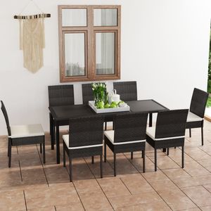 Set da Pranzo in Polyrattan Nero con Struttura in Acciaio Verniciato a Polvere e Vetro per Giardino - Product Image 1