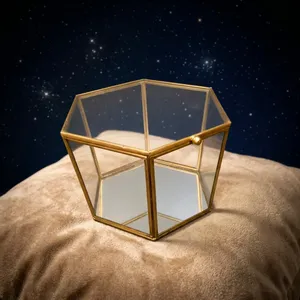 Geometric Glass <b>Jewelry</b> <b>Box</b> with Brass Frame <b>Mirror</b> Base Storage Organizer for Rings Necklaces Accessories Cosmetic - Product Image 5