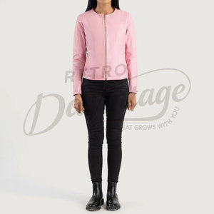 Premium Women Pink Real <b>Leather</b> <b>Jacket</b> Collarless Round Neck Slim Fit Soft Sheepskin Casual Coat Elegant <b>Leather</b> Outerwear - Product Image 4