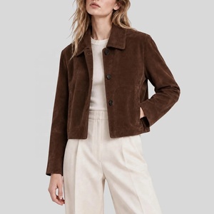 Premium High Quality <b>Brown</b> Cropped Suede <b>Leather</b> <b>Jacket</b> <b>Women</b> Single Breasted Casual Outerwear For Autumn <b>Jacket</b> - Product Image 3