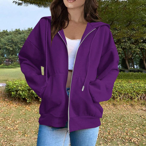 Sweat-shirts coréens à capuche en polaire unie pour femmes, à la mode, à manches longues, avec cordon de serrage, poches, fermeture éclair, coupe ample, noirs, personnalisables - Product Image 4