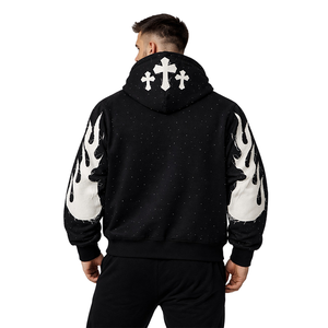 Sweat-shirt à capuche zippé noir pour homme avec imprimé graphique, style streetwear Perfect World, en molleton avec manches à motif flamme - Product Image 5