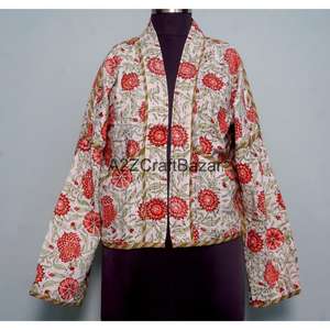 Vintage Indian Kantha Quilted <b>Jacket</b> 100% Cotton Finished Eco-Friendly Breathable Floral Pattern Full Sleeves for <b>Women</b> Girls - Product Image 1
