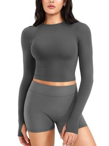 Ensemble de yoga 2 pièces en nylon et spandex pour femmes, haut à manches longues avec short froncé, ensemble décontracté d'été uni pour la course à pied - Product Image 1