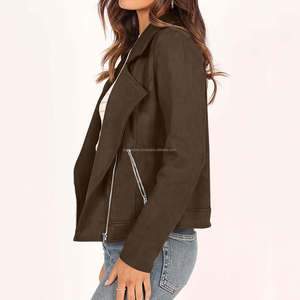 Veste de style motard pour femmes en daim marron vintage moderne Fermeture à glissière asymétrique Col à revers Manches longues Recadrée Respirante Viscose - Product Image 3