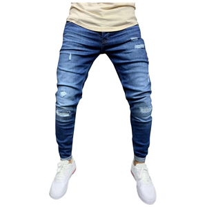 Men's Garment Dyed Lightweight High <b>Waist</b> Ripped Distressed Skinny <b>Jeans</b> <b>Elastic</b> <b>Waist</b> Cotton Casual Pants Blue - Product Image 1