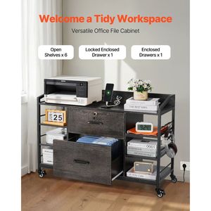 Archivador Metálico de 2 Cajones con Cerradura, 6 Estantes Abiertos, Archivador Lateral de Madera con Gran Capacidad de Almacenamiento - Product Image 2