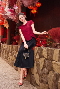 Women's Red Floral Lace Blouse <b>Cap</b> <b>Sleeve</b> O-Neck Bow Detail Elegant <b>Top</b> Spring Summer Casual Wear 100% Polyester VELA - Product Image 2