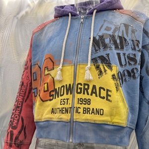 Sweat-shirt à capuche zippé Snowgrace en molleton bouclette coupe courte imprimé devant unisexe streetwear automne 100% coton manches raglan - Product Image 6