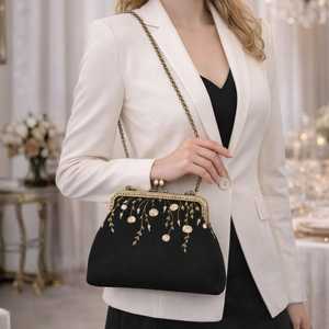 Black Embroidered Clutch Bag With Gold Chainand jewelry bag Closure Envelope Shape <b>Hinged</b> Perfectly Design packaging - Product Image 1