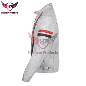 Chaqueta de Cuero Genuino Blanca para Hombre con Rayas Rojas y Negras, Estilo Motero, de Piel de Vacuno, con Efecto Desgastado, Estilo Cafe Racer, Personalizada, Cálida para Invierno - Product Image 4