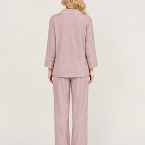 Women's Pink Long Sleeve Satin Pajama Set 100% <b>Silk</b> Full Length Classic Sleepwear with Button Front and Pocket Machine-Washable - Product Image 3