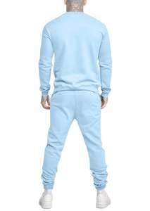 Ensemble de survêtement bleu clair pour homme, col rond, manches longues, couleur unie, vêtements décontractés, coton respirant, poches latérales, taille élastique - Product Image 5