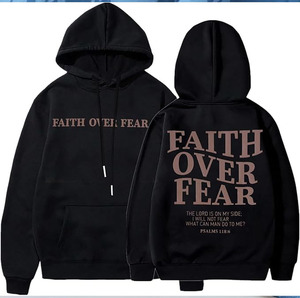 Faith Over Fear Hoodie <b>Men's</b> Black Cotton <b>Pullover</b> Hooded Sweatshirt With Pocket Regular Fit Casual Autumn Wear - Product Image 1