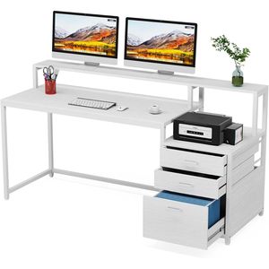 Bureau informatique ergonomique de 63 pouces avec tiroir de rangement, support d'écran et espace pour imprimante, finition bois élégante - Product Image 5