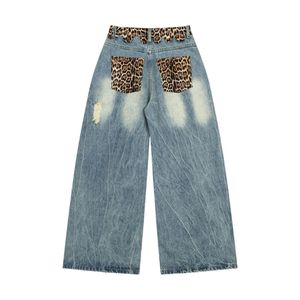 Vaqueros Anchos Azules para Hombre con Estampado de Leopardo en la Cintura, Estilo Vintage Desgastado, Pantalones de Mezclilla de Pierna Ancha, Moda Urbana Y2K - Product Image 2