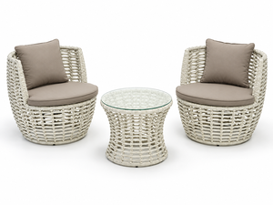 Conjunto de Bistro Moderno para Exteriores de Mimbre Sintético Blanco con Dos Sillones Redondos de Mimbre, Cojines Grises y Mesa de Centro con Tapa de Vidrio para Patio - Product Image 2