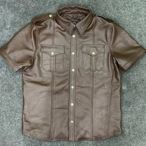 Camicia da uomo in vera pelle di vacchetta nera a maniche corte con bottoni, stile classico casual con colletto a punta, t-shirt da uomo in metallo - Product Image 3