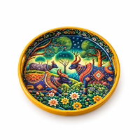 Plateau de service traditionnel en bois naturel émaillé vibrant |   Décoration de mariage artistique colorée motif vache et forêt pour table de thé, café et collations