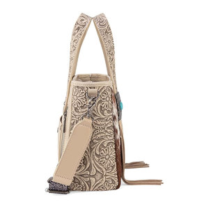 Women's Western <b>Tooling</b> Leather <b>Tote</b> <b>Bag</b> Zipper Leather Fringe Turquoise Stone Accent Stylish Cowgirl Handbag Rustic Foldable - Product Image 5