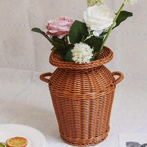 <b>Tall</b> woven rattan urn <b>vase</b> styled with ornamental metal side scroll handles, available at wholesale prices. - Product Image 3