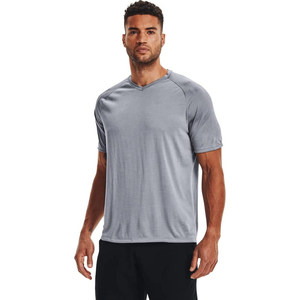 T-shirt pour homme à col en V et manches raglan, couleur unie, tissu jersey à séchage rapide, coupe classique, vêtements décontractés, gris - Product Image 1