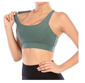 Sujetador deportivo de alto soporte para mujer, transpirable, sin costuras, de spandex/nailon, con decoración de malla, color sólido, cuello redondo, top de fitness - Product Image 1