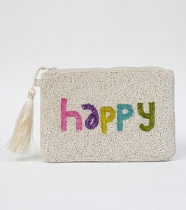 Beaded Tassel <b>Pouch</b> With Happy Embroidery Multicolor Letters Cream Background - Product Image 2