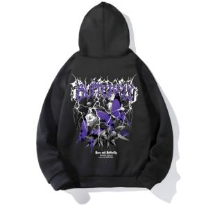 Sudadera con Capucha Negra con Estampado de Mariposa en la Espalda, Estilo Urbano Oversize, Mezcla de Algodón, Diseño Personalizado OEM ODM - Product Image 1