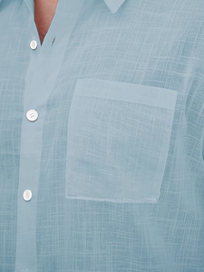 Men's Light Blue Short Sleeve Linen Shirt Solid Casual Breathable Summer Woven Fabric Button Down Collar Pocket Design Banglades - Product Image 5