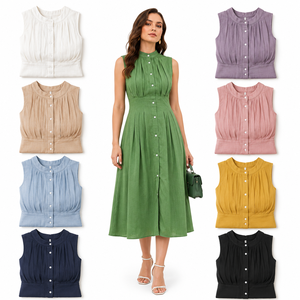 Vestido de Verano Bohemio Hecho a Mano para Mujer, Sin Mangas, Plisado, Midi, Liso, Casual, con Cuello Mandarín, Talla XL, Ropa al por Mayor - Product Image 2