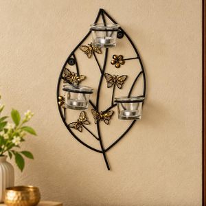 Porte-bougies décoratifs en fer avec motif papillon et feuille, avec coupelles en verre, lot de 3, pour décoration intérieure - Product Image 2