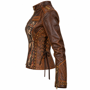 Brown <b>Women</b> Genuine Leather Biker <b>Jacket</b> Custom Cowgirl Print Side Laced Embossed Studded Outerwear OEM Factory Service - Product Image 4