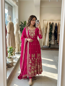 <b>Sequin</b> Crafted Faux Georgette Gown Collection With Latkan Dori Accent Micro Silk <b>Pant</b> And Embroidered Dupatta Ensemble - Product Image 1
