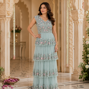 Luxury Sage Green Floral Embroidered Tiered Evening Gown for Women V Neck Sleeveless Party Dress Wedding Reception Maxi Dress - Product Image 2