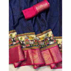 DESIGNER DOLA SOIE JACQUARD BORDER WORK SAREE AVEC BLOUSE INCOUSÉE BLEU MARINE - Product Image 1