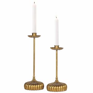 Vintage Antique Gold Metal Taper Candle <b>Holder</b> Set Ribbed Base <b>Brass</b> Tall <b>Candlestick</b> Stand for Wedding & Table Centerpiece - Product Image 1