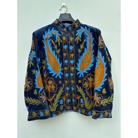 Veste bomber en velours de coton écologique tricotée et brodée à la main, col mandarin, manches longues, motif floral, courte, automne-hiver