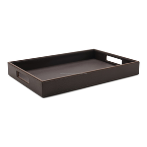 Luxury PU leather serving <b>tray</b> with cutout handles Rectangular <b>black</b> leather storage and organizer <b>tray</b> Modern faux leather - Product Image 6
