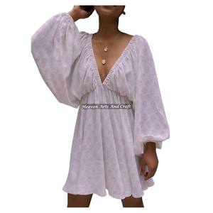 Vestido de una pieza con cuello en V profundo y mangas farol, estampado a mano, transpirable, de marca privada, novedad 2026, superventas - Product Image 5