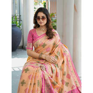 Sari Patola en organza de pêche chinois traditionnel tissé Zari Elite Weaves 600g - Product Image 3