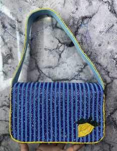 Bolso Rectangular de Hombro/Bandolera Hecho a Mano con Cuentas de Vidrio Azules y Diseño de Limones Bordado, Lavable, para Uso Diario - Product Image 6