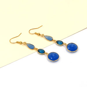 Pendientes Colgantes Bohemios con Flor de Calcedonia Azul Tinta y Topacio Azul de Londres |   Anillo de Oro de 18K con Corte Checker Hecho a Mano - Product Image 3