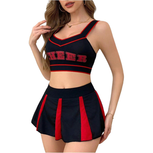 Nouvel ensemble uniforme de cheerleading OEM 2026 – Haut court à col en V noir et rouge, jupe en Spandex/Polyester dégradé pour adolescentes – En stock - Product Image 1