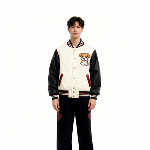 Men's Varsity <b>Jacket</b> Cream Black PU <b>Leather</b> Sleeve Cartoon <b>Dog</b> Embroidery Front Casual Wear - Product Image 2