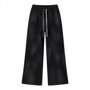Pantalon de survêtement large en molleton pour homme, délavé à l'acide, rouge uni, taille élastique avec cordon de serrage, décontracté, en polyester tricoté respirant - Product Image 2